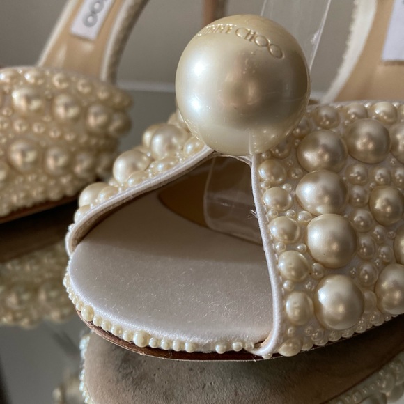 Like new Jimmy Choo Sacora 100 White Satin Sandals with All Over Pearls $1,950 - Picture 17 of 17